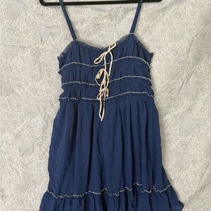 Blue Tiered Spaghetti Strap Dress with Drawstring